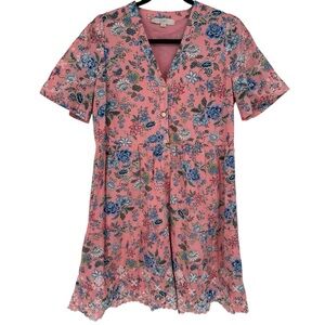 LOFT Floral Embroidered‎ Swing Ruffle Hem Shirtdress Size 6 Feminine Cottagecore
